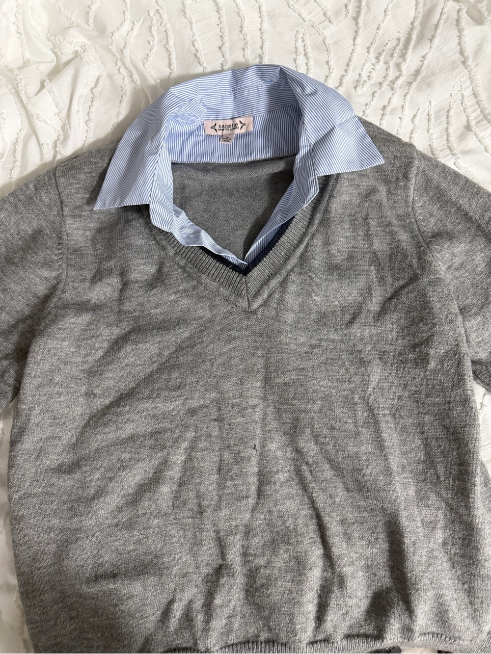 Nanette Lepore Gray V-Neck Sweater with Blue Shirt Collar Detail